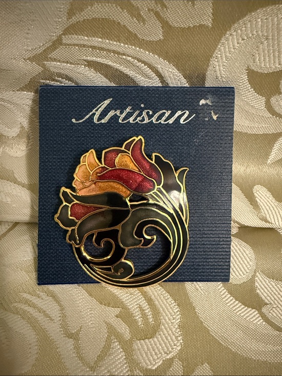 Artisan Jewelry - Artisan Enamel Floral Pin in Red, Black & Gold